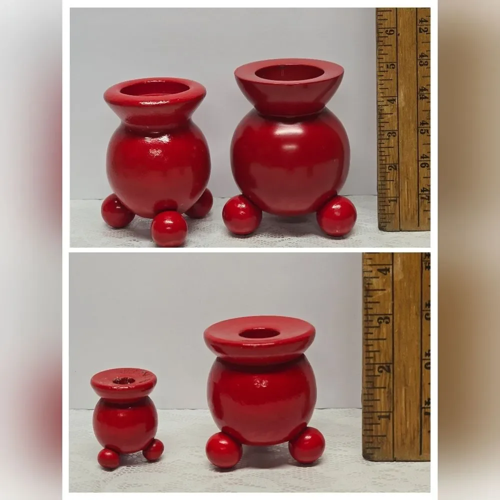 Vintage Scandinavian Swedish Wooden Red Topper Candlestick Candle Holder Set